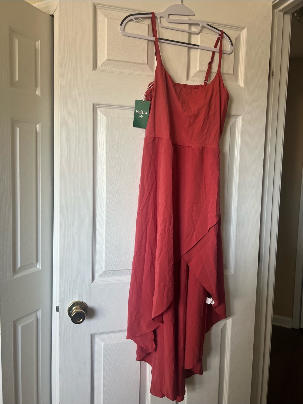 HALARA Coral Red High-Low Spaghetti Strap Dress